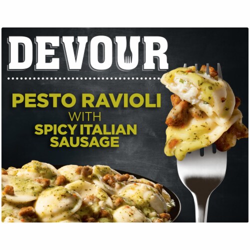 DEVOUR Pesto Ravioli with Spicy Italian Sausage & Classic Basil Frozen Meal, Box