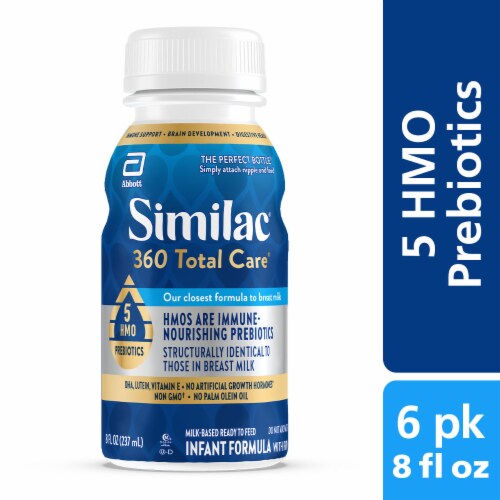 Similac 360 Total Care Ready-to-Feed Infant Formula, Has 5 HMO Prebiotics, 8-fl-oz Bottle, Pack of 6
