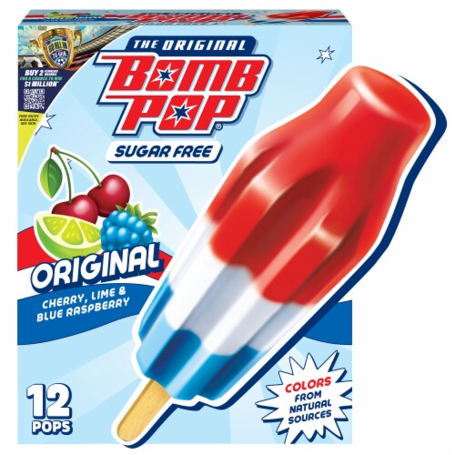 Bomb Pop Original Sugar Free Freeze Ice Pops, Frozen Dessert, Cherry, Lime & Blue Raspberry, 12 Pack
