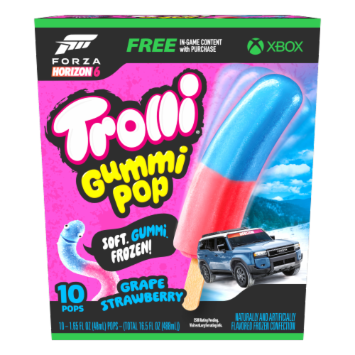 Trolli Frozen Gummi Ice Pops Chewy Sour Gummy Candy Frozen Dessert Snack, Grape Strawberry, 10 Count