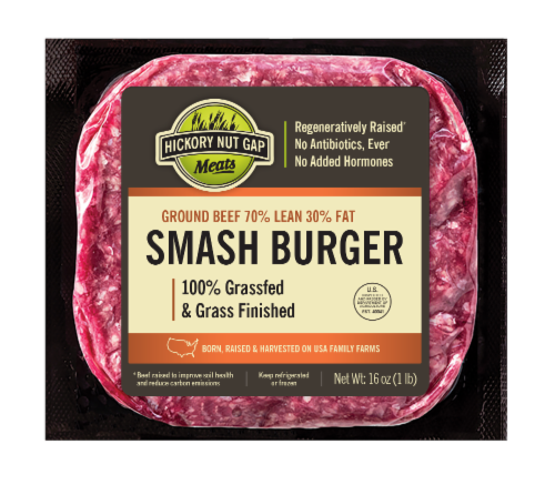 Hickory Nut Gap Ground Beef 100% Grassfed Regeneratively Raised Smash Burger 70/30 Retail Brick