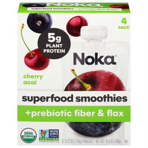 Noka Superfood Smoothie + Prebiotic Fiber, Cherry Acai, 4-Pack, 4.22oz Each