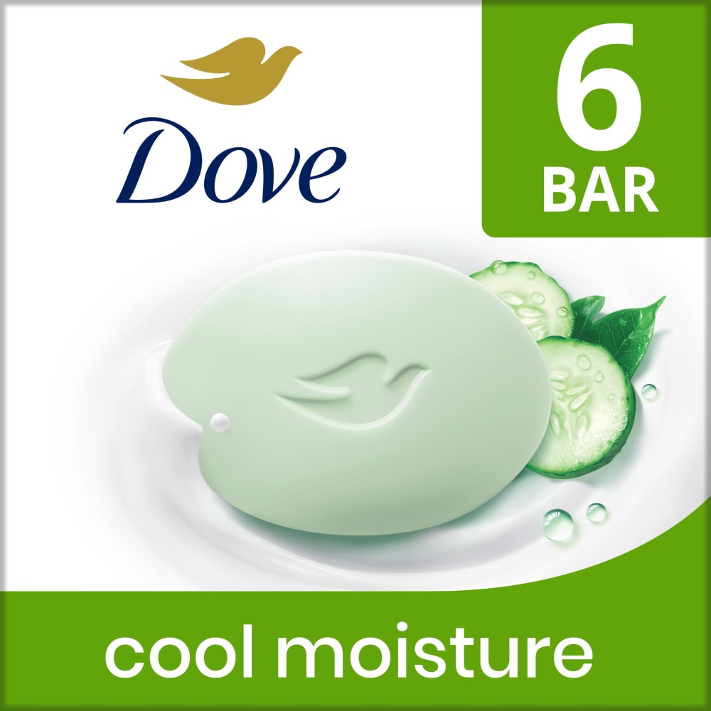 Dove 6 Bars Beauty Bar Soap Cool Moisture Cucumber & Green Tea Scent, Leaves Skin Refreshed