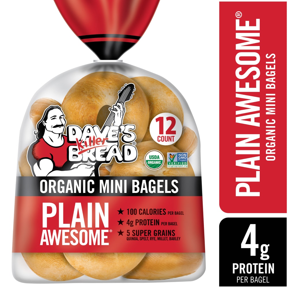 Dave’s Killer Bread Plain Awesome Mini Bagels, Organic Bagels, 4g Protein per Bagel, 12 Count