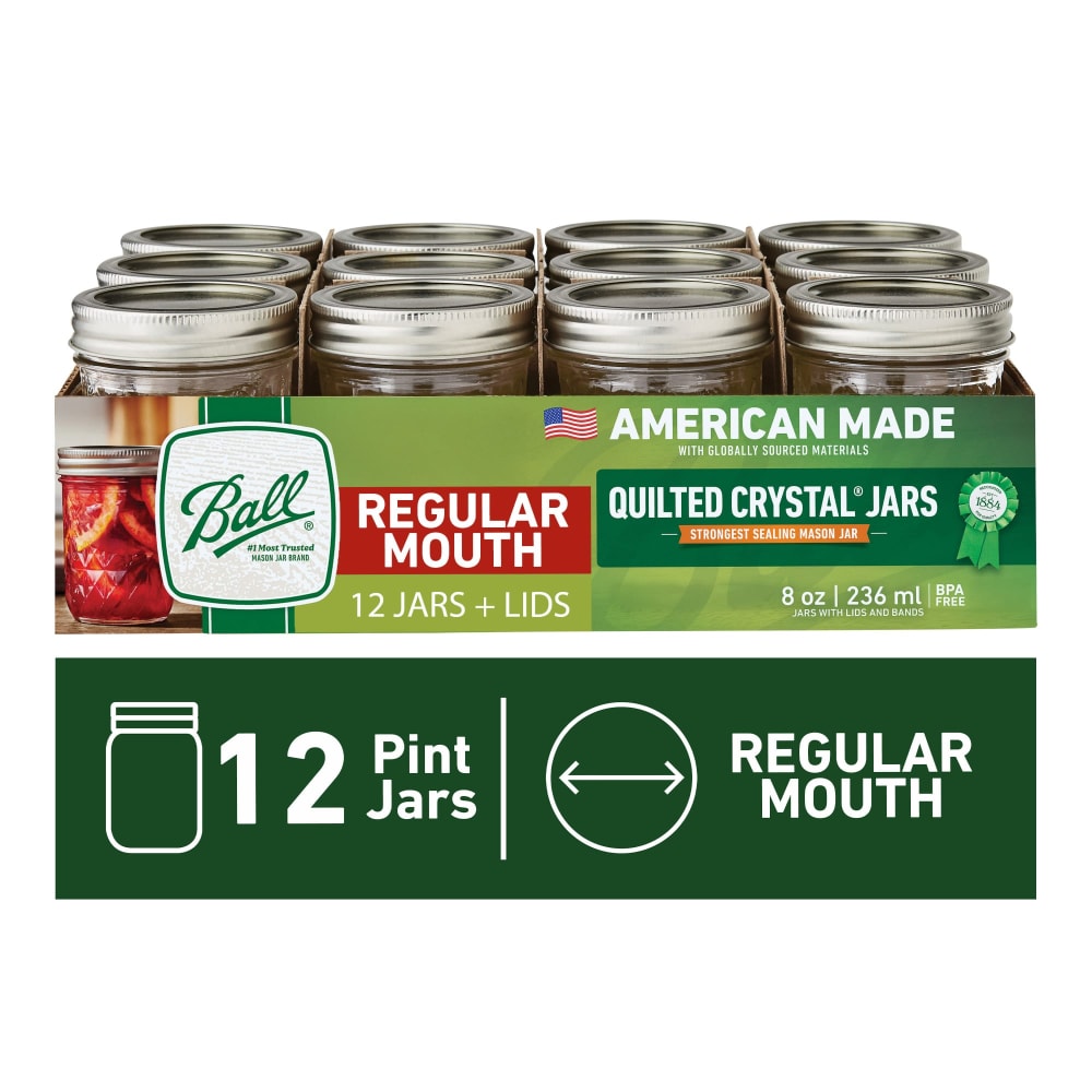 Ball Quilted Crystal Regular Mouth Half-Pint 8-Oz. Glass Mason Jar with Lids and Bands, 12-Count