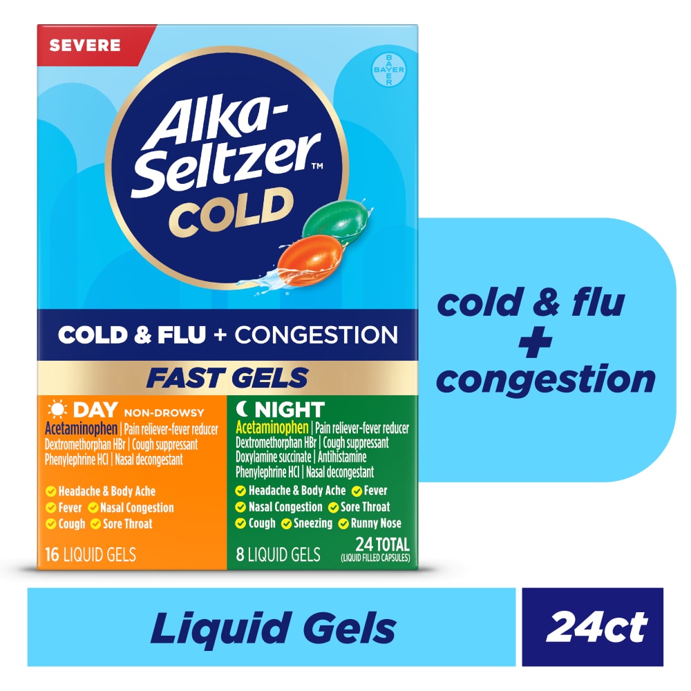 Alka-Seltzer Cold, Cold & Flu + Congestion Severe D/N Fast Gels, 24