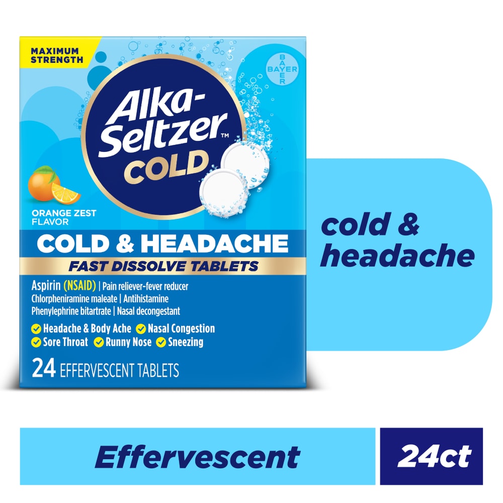 Alka-Seltzer Cold, Cold & Headache Max Strength Fast Dissolve Tabs, Orange Flavor, 24