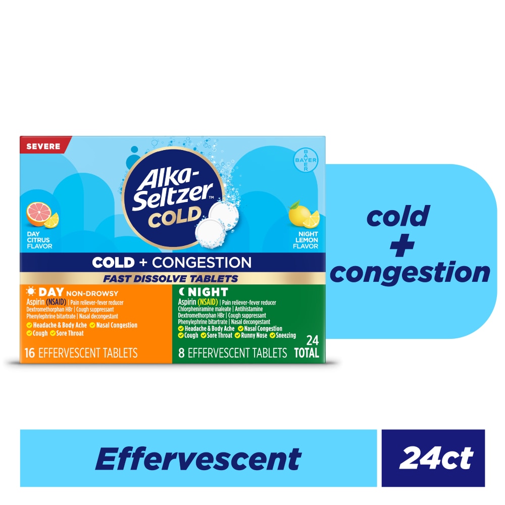 Alka-Seltzer Cold, Cold + Congestion Sev D/N Fast Dissolve Tabs, Citrus/Lemon Flav, 24 Ct