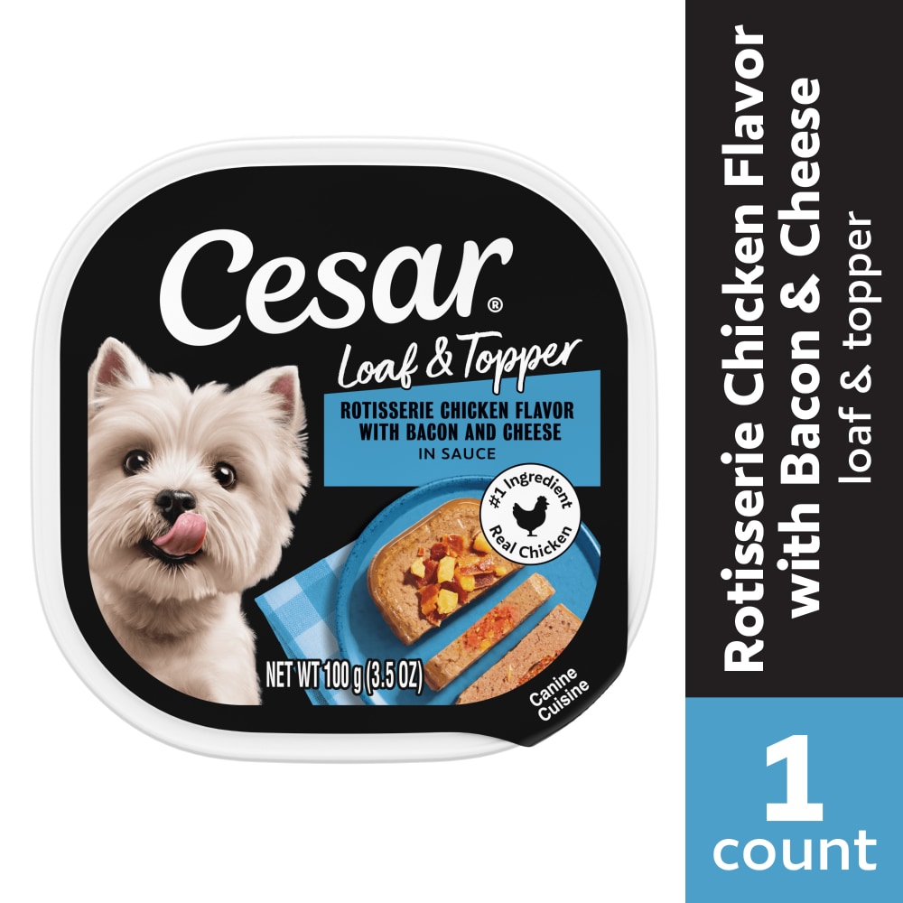 Cesar Adult Wet Dog Food Rotisserie Chicken with Bacon & Cheese Loaf & Topper in Sauce