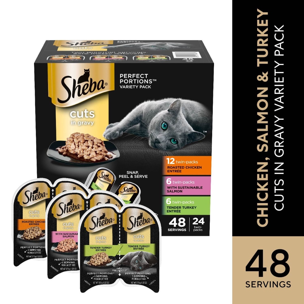 Sheba Perfect Portions Adult Wet Cat Food Cuts in Gravy Roasted Chicken Salmon & Turkey Variety Pack