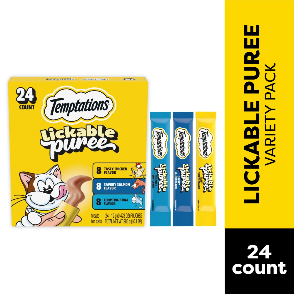 Temptations Creamy Puree Lickable Squeezable Wet Cat Treat Chicken Salmon & Tuna Variety Pack