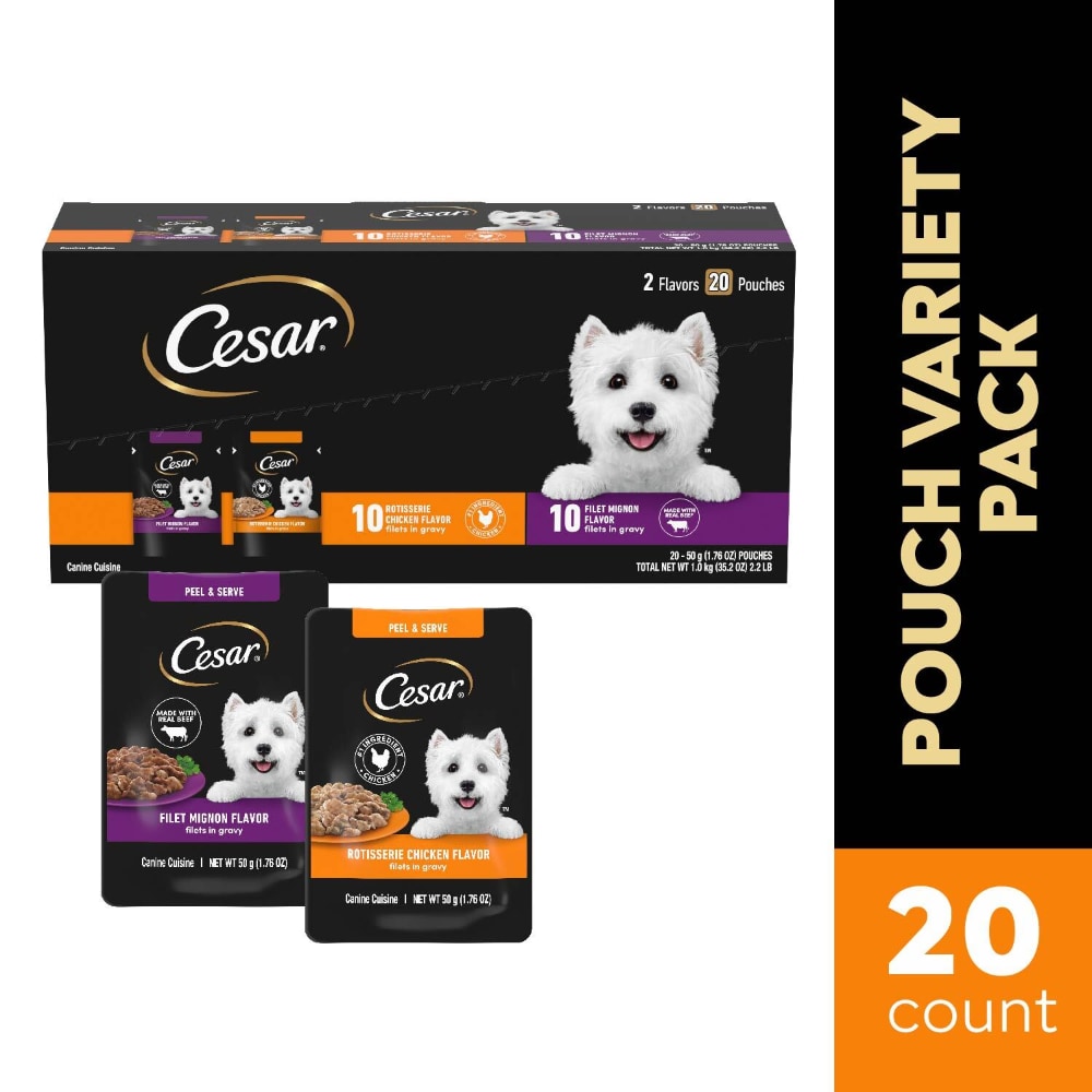Cesar Filets in Gravy Filet Mignon and Rotisserie Chicken Wet Dog Food Variety Pack Mini-Pouches