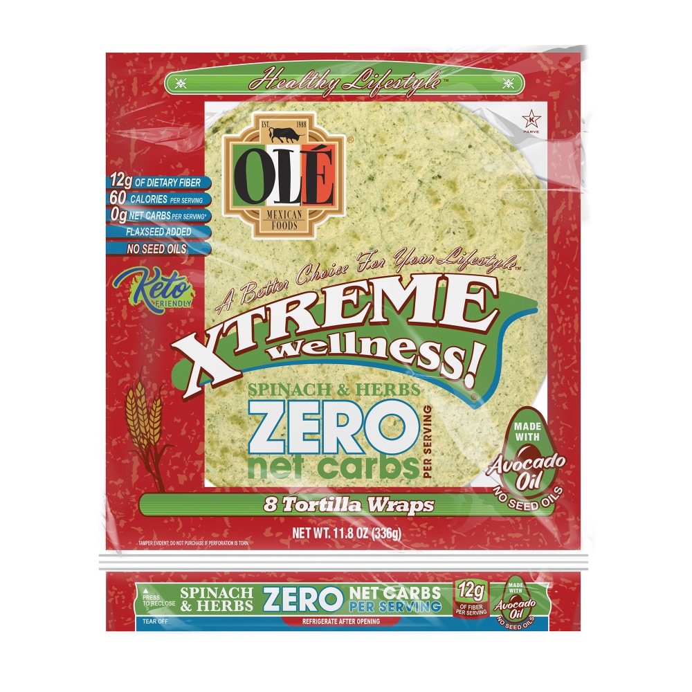 Ole Xtreme Wellness Zero Net Carbs Spinach & Herbs Tortilla Wraps 8CT