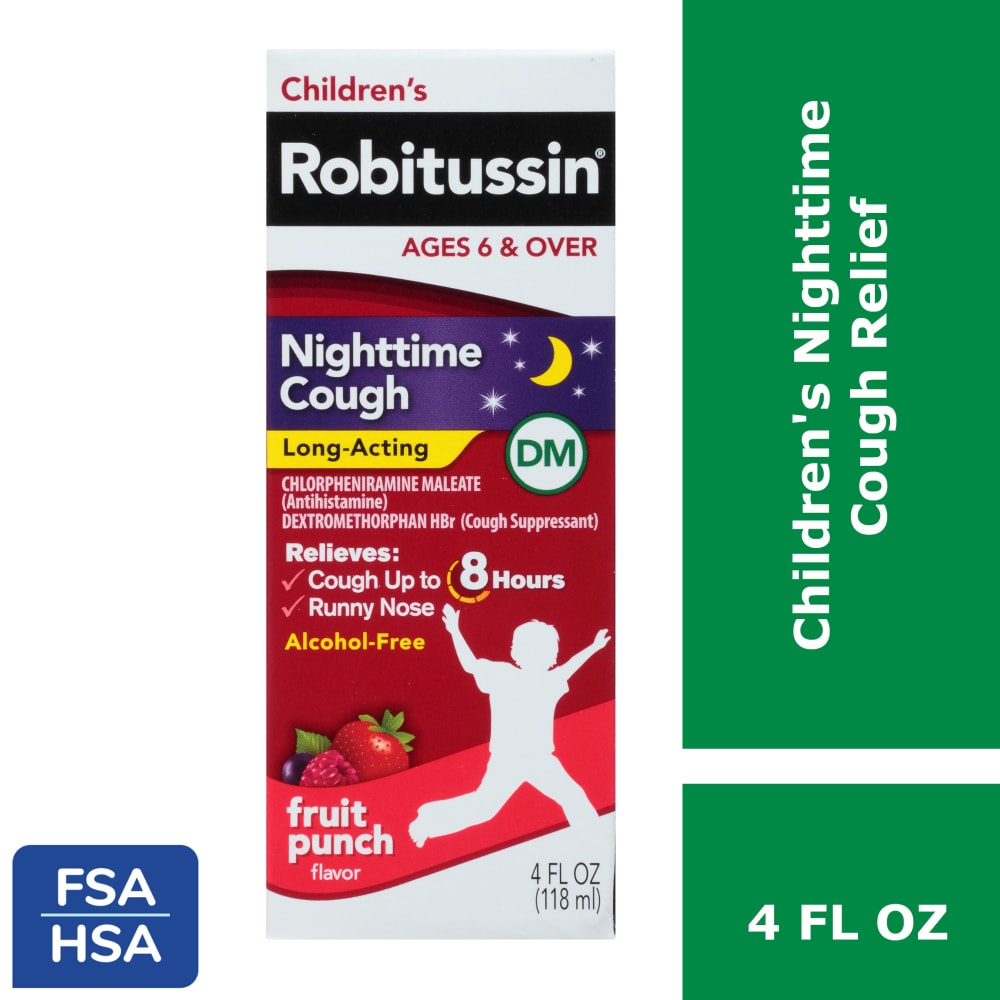 Children’s Robitussin DM, Nighttime Cough Relief, Dextromethorphan, Fruit Punch Flavor Syrup