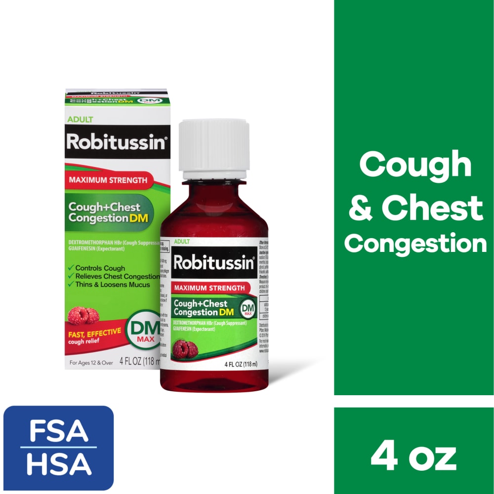 Robitussin DM Max, Cough plus Chest Congestion Relief, Dextromethorphan, Raspberry Flavor Syrup