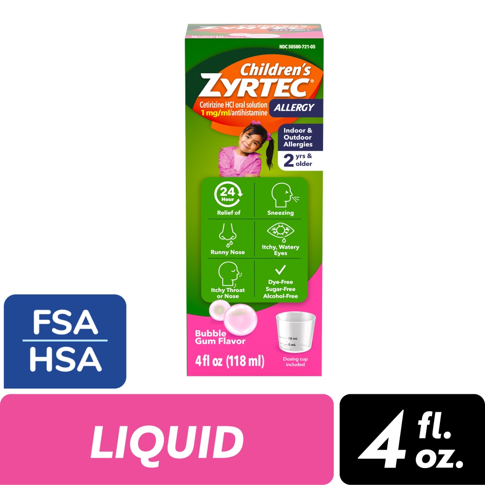 Children’s Zyrtec 24 Hour Allergy Relief Dye-Free Sugar-Free Syrup Cetirizine HCl Bubble Gum Flavor