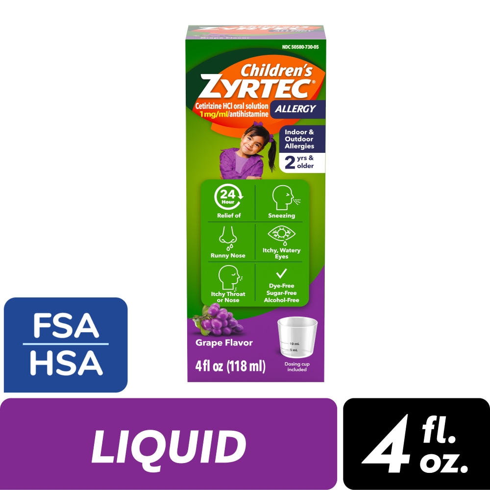 Children’s Zyrtec 24 Hour Allergy Relief Dye-Free Sugar-Free Syrup Cetirizine HCl Grape Flavor