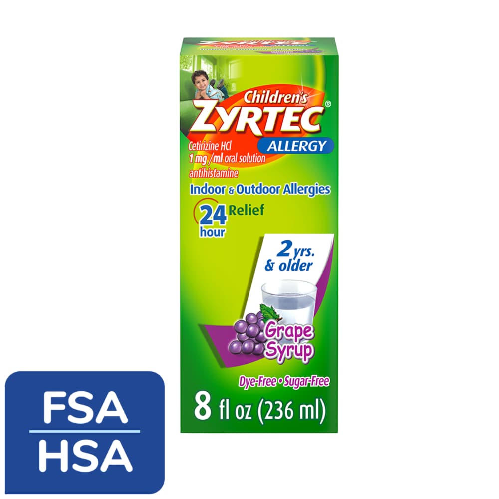Children’s Zyrtec 24 Hour Allergy Relief Dye-Free Sugar-Free Syrup Cetirizine HCl Grape Flavor
