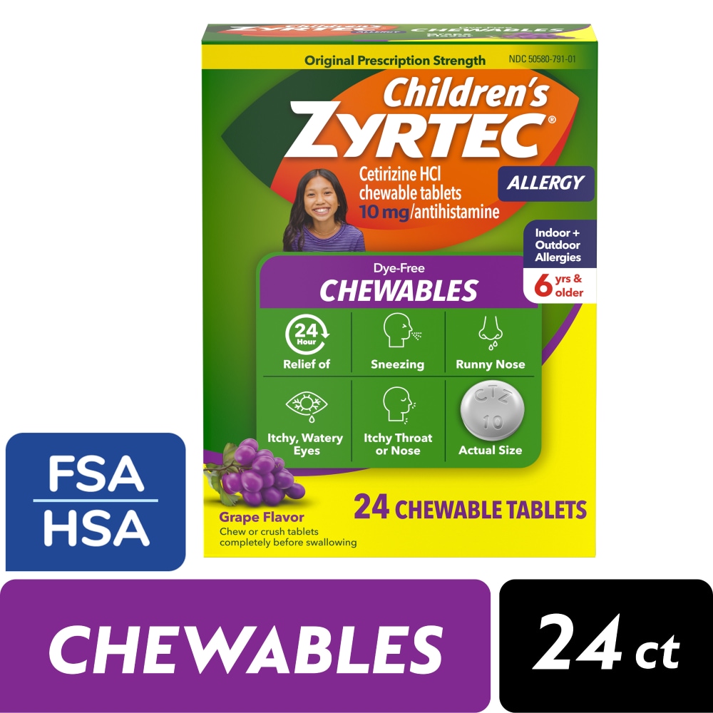 Children’s Zyrtec 24 Hour Allergy Relief Dye-Free Chewable Tablets Cetirizine HCl 10 mg Grape Flavor