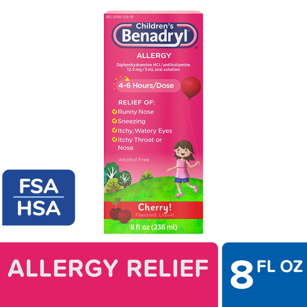 Children’s Benadryl Allergy & Cold Relief Liquid Diphenhydramine HCl Cherry Flavor