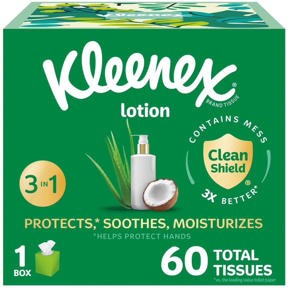 Kleenex® Lotion Facial Tissues with Coconut Oil, 1 Cube Box, 60 Tissues Per Box, 3-Ply