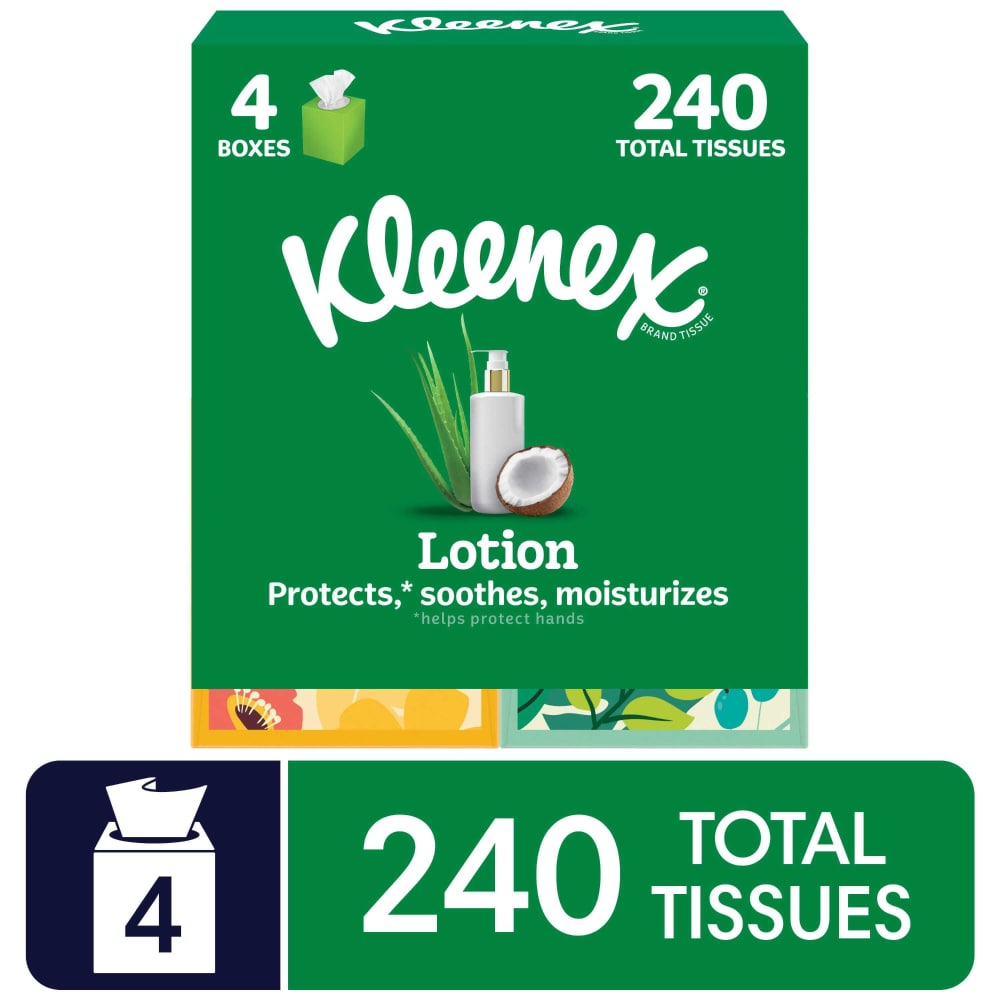 Kleenex® Lotion Facial Tissues with Coconut Oil, 4 Cube Boxes, 60 Tissues Per Box, 3-Ply