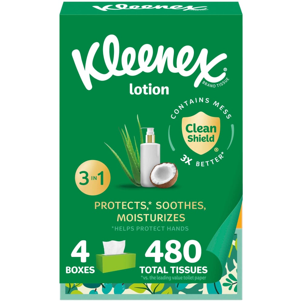 Kleenex® Lotion Facial Tissues with Coconut Oil, 4 Flat Boxes, 120 Tissues Per Box, 3-Ply
