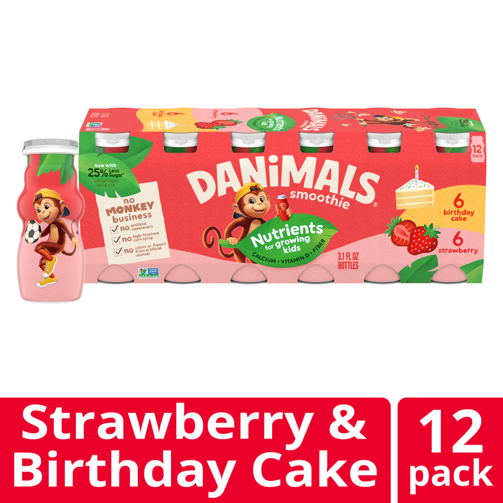 Danimals Smoothie Strawberry and Birthday Cake Low Fat Dairy Drink Smoothie Bottles