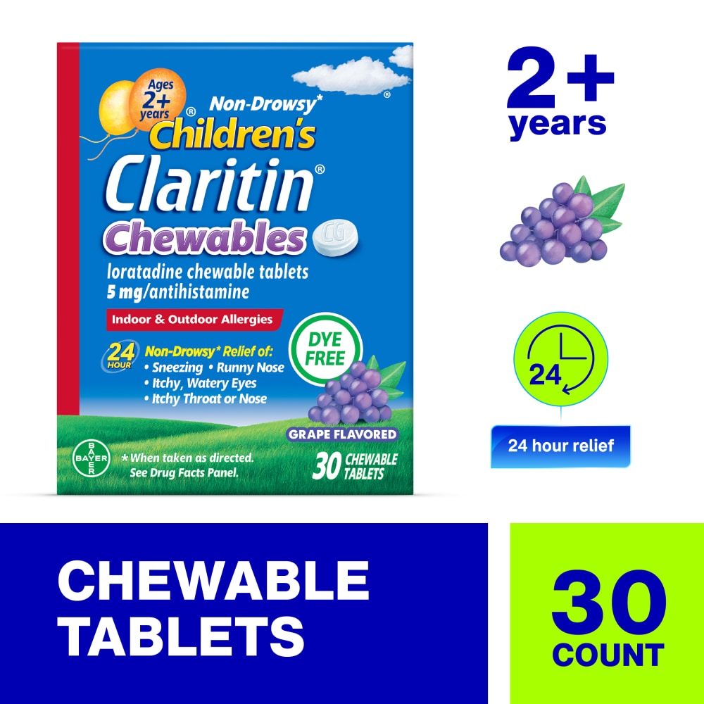 Claritin Children’s 24 Hour Allergy Relief Loratadine 5mg Grape Flavored Chewable Tablets 30ct