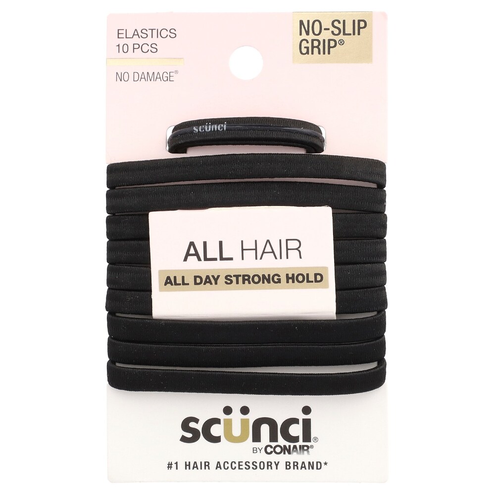 Scunci No-Slip Grip® Elastics All Day Strong Hold Black – 10 Pieces