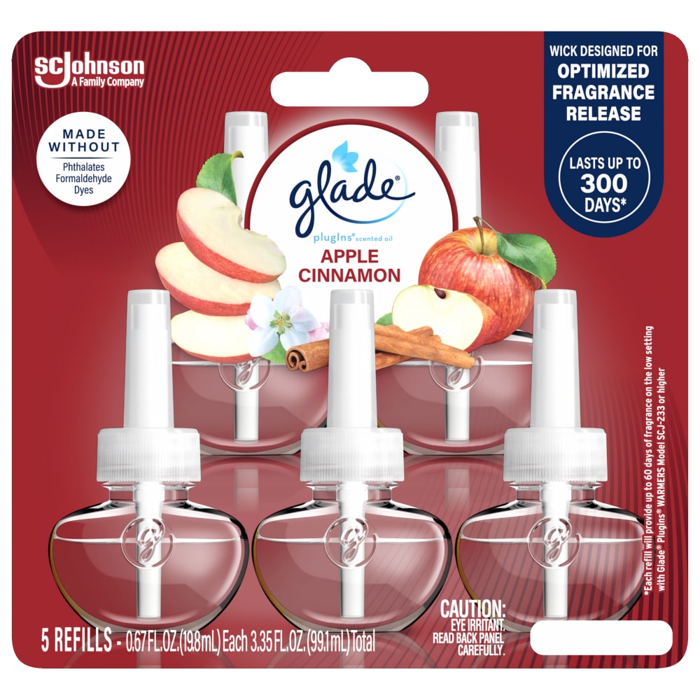 Glade PlugIns Scented Oil 5 Refills, Air Freshener, Apple Cinnamon, 3.35 fl oz, Pack of 5