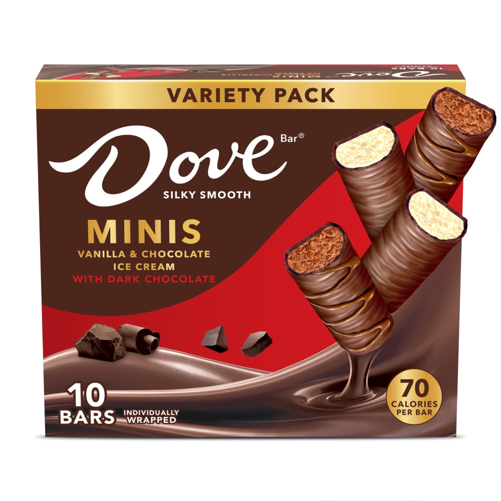 DOVE Ice Cream Vanilla & Chocolate Mini Dark Chocolate Individually Wrapped Ice Cream Bar Assortment