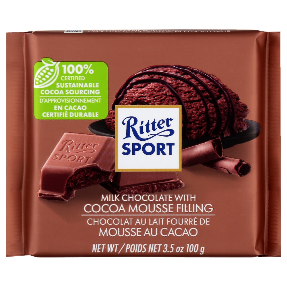 Ritter Sport Milk Chocolate Candy Bar with Cocoa Mousse Filling, Wrapped, 3.5 oz