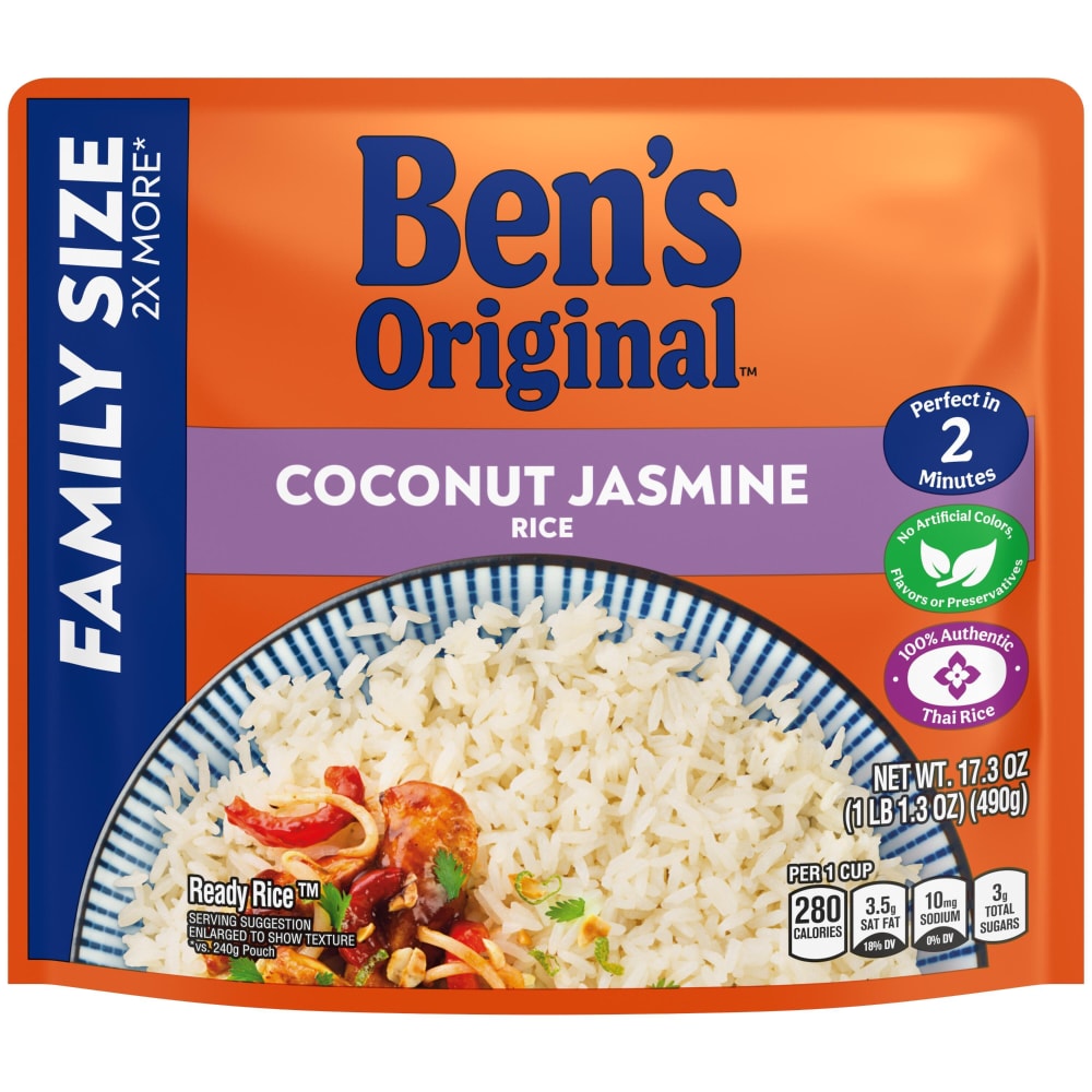 Ben’s Original Ready Rice Coconut Jasmine Family Size Rice, Easy Dinner Side, 17.3 oz Pouch