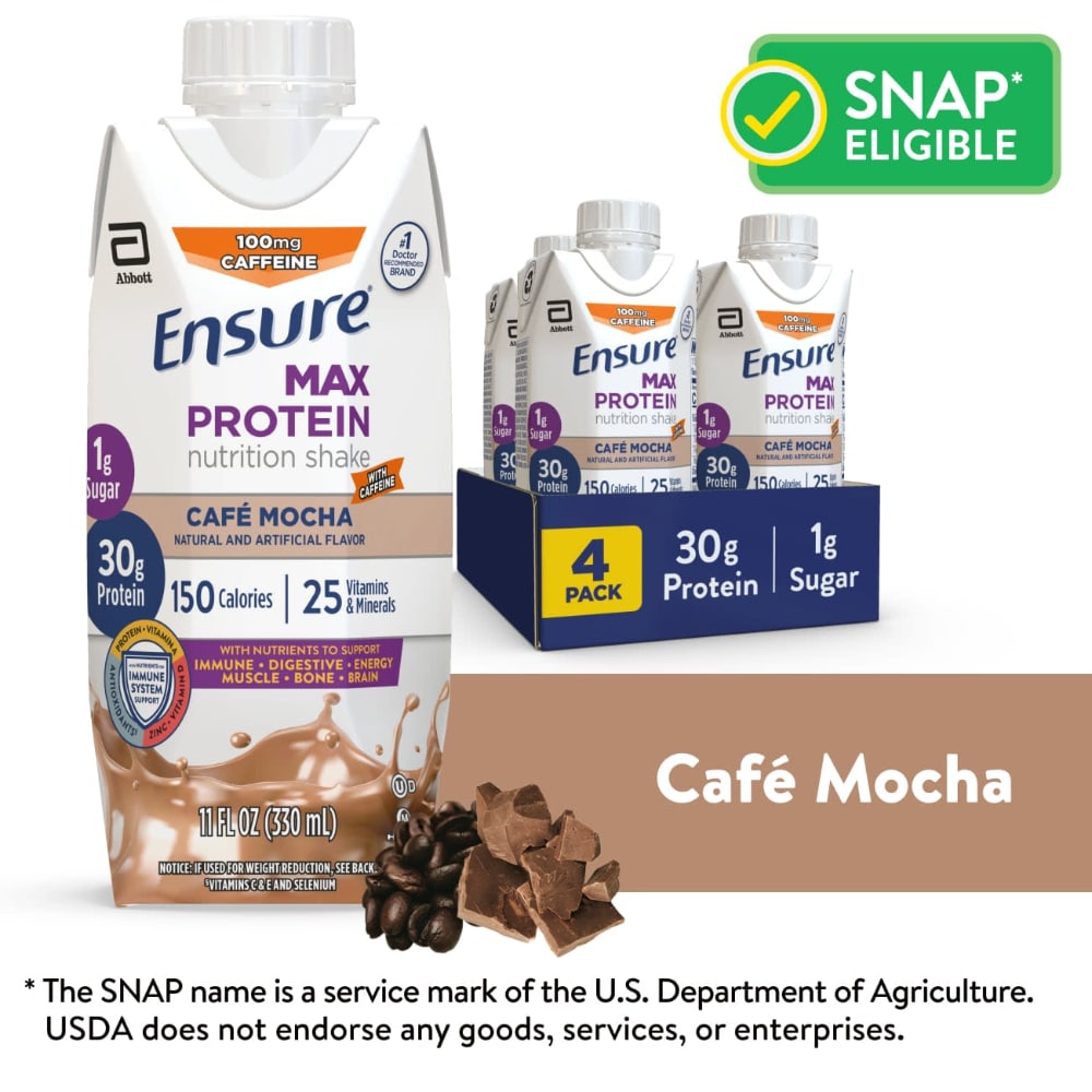 Ensure Max Protein Nutrition Shake, Cafe Mocha, 30g Protein, 11 fl oz, 4 Pack