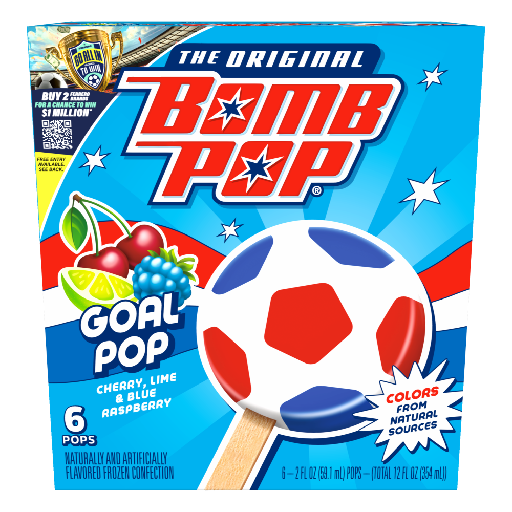 Bomb Pop Original Goal Pop, Frozen Dessert Bar, Cherry, Lime, & Blue Raspberry, 6 Pack