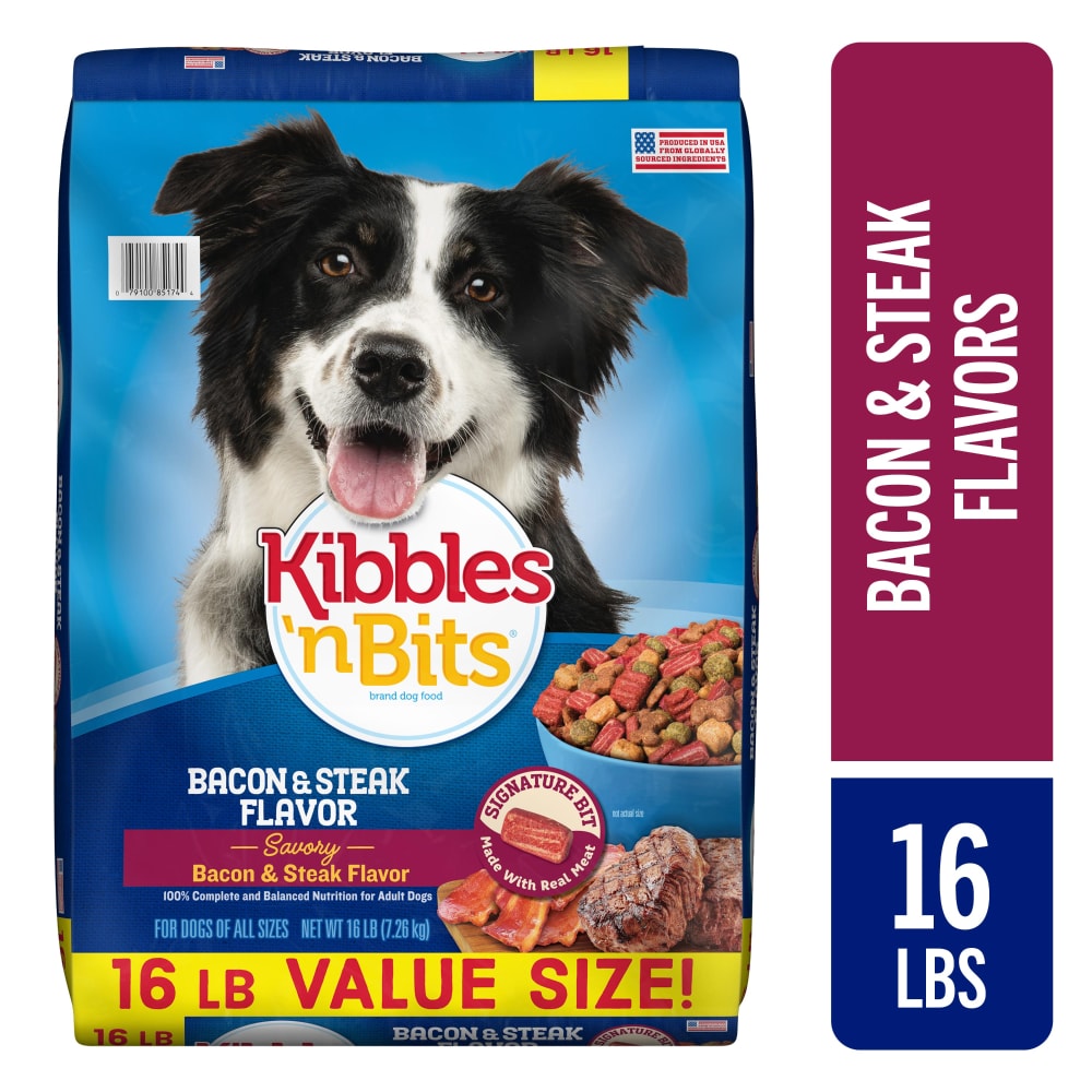 Kibbles ‘n Bits Dry Dog Food, Savory Bacon & Steak Flavor for Adult Dogs, 16 lb Dog Food Bag