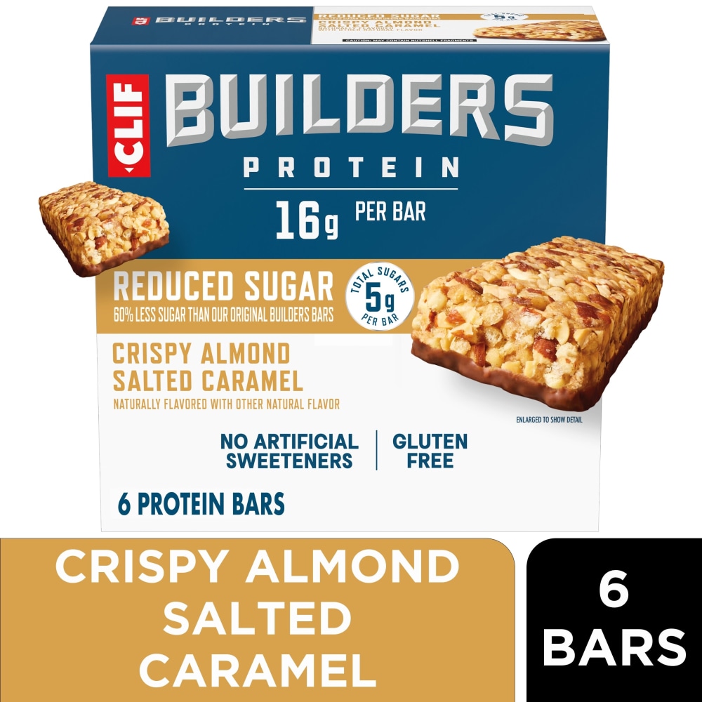 CLIF BUILDERS Crispy Almond Salted Caramel Reduced Sugar 16g Protein Bars