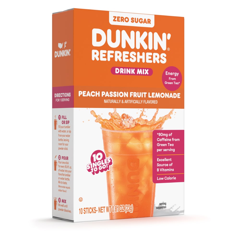 Dunkin’ Refreshers Zero Sugar Peach Passionfruit Lemonade 10ct Singles To Go Drink Mix