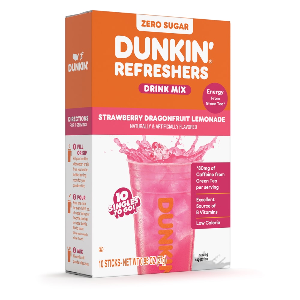Dunkin’ Refreshers Zero Sugar Strawberry Dragonfruit Lemonade 10 Count Singles To Go