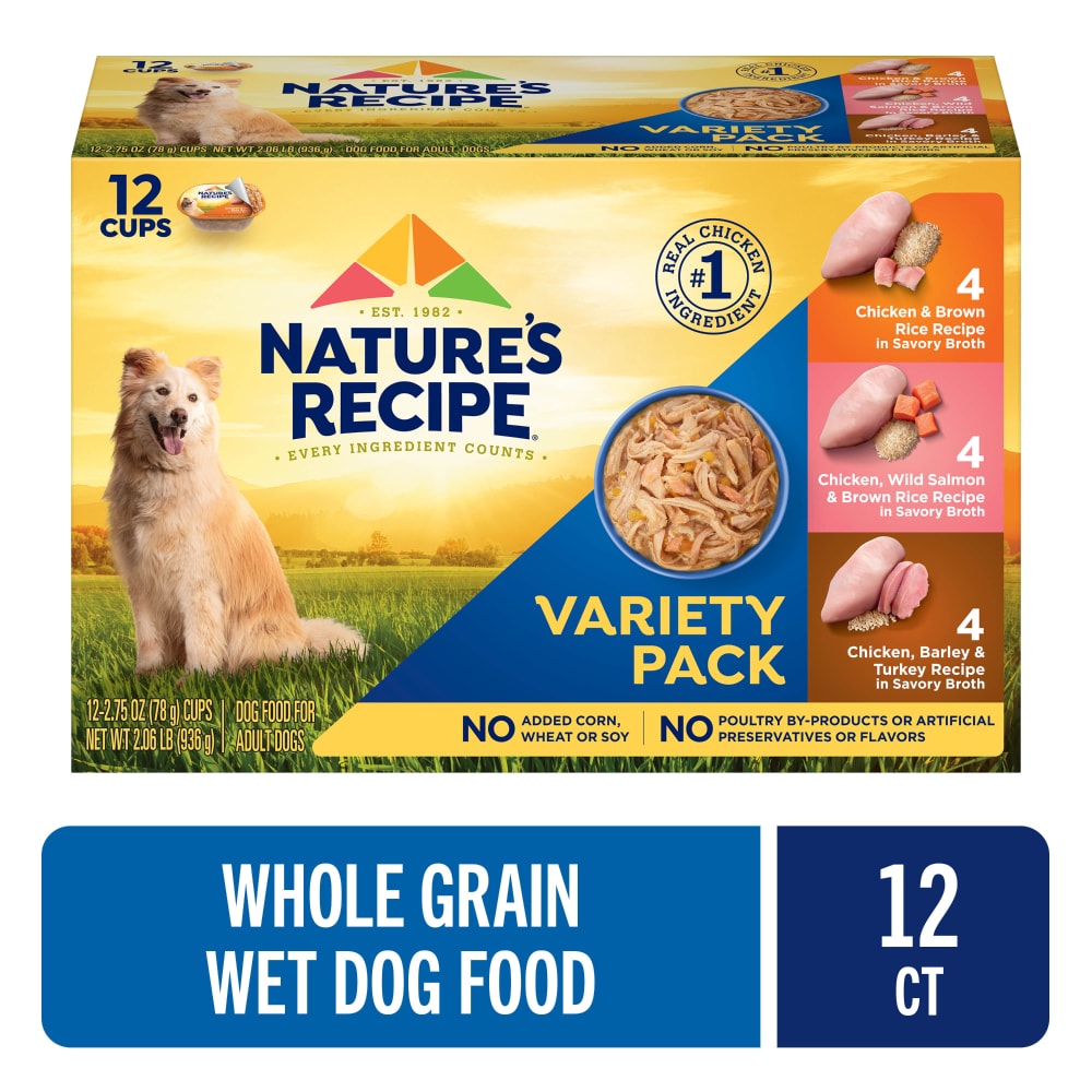 Nature’s Recipe Chicken, Salmon & Turkey Recipes Wet Dog Food Variety Pack, 2.75 oz. Cup (12 Count)