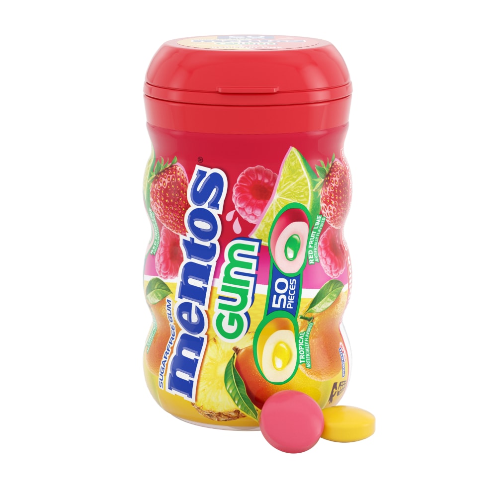 Mentos Red Fruit Lime and Tropical Sugar Free Gum Bottle 50 Count