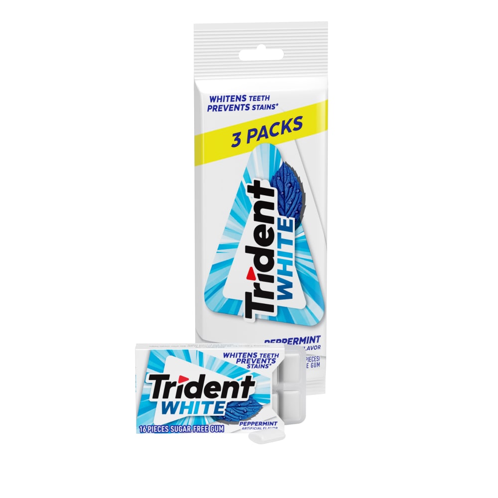 Trident 3 Pack White Sugar Free Chewing Gum Sticks with Xylitol Peppermint Flavor