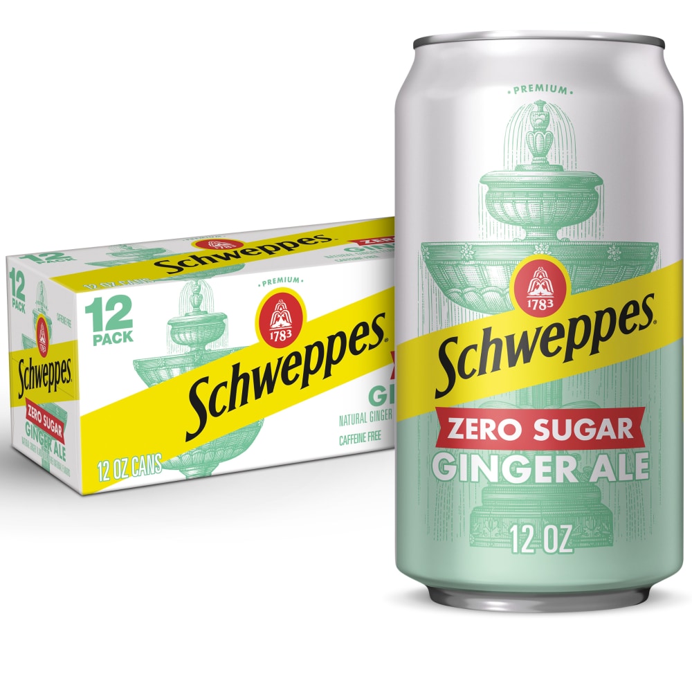 Schweppes Zero Sugar Ginger Ale Soda, 12 fl oz cans, 12 pack