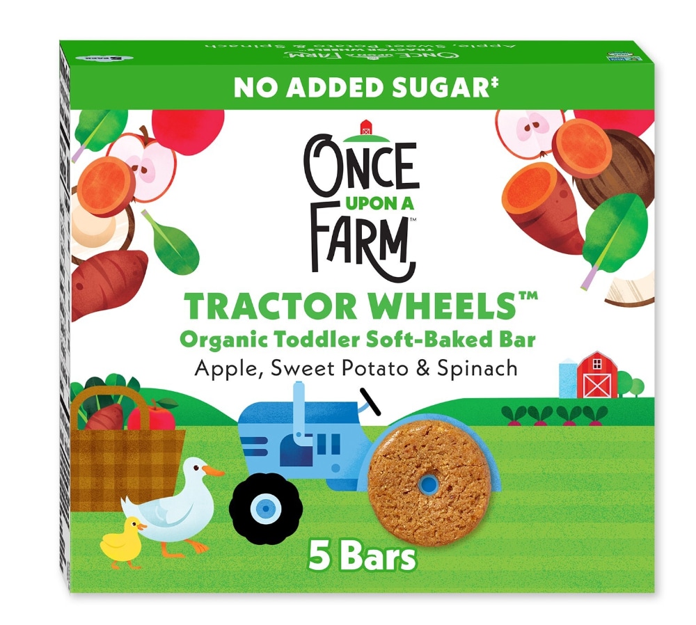 Once Upon a Farm Organic Tractor Wheels Toddler Bar, Apple, Sweet Potato & Spinach 5 Count