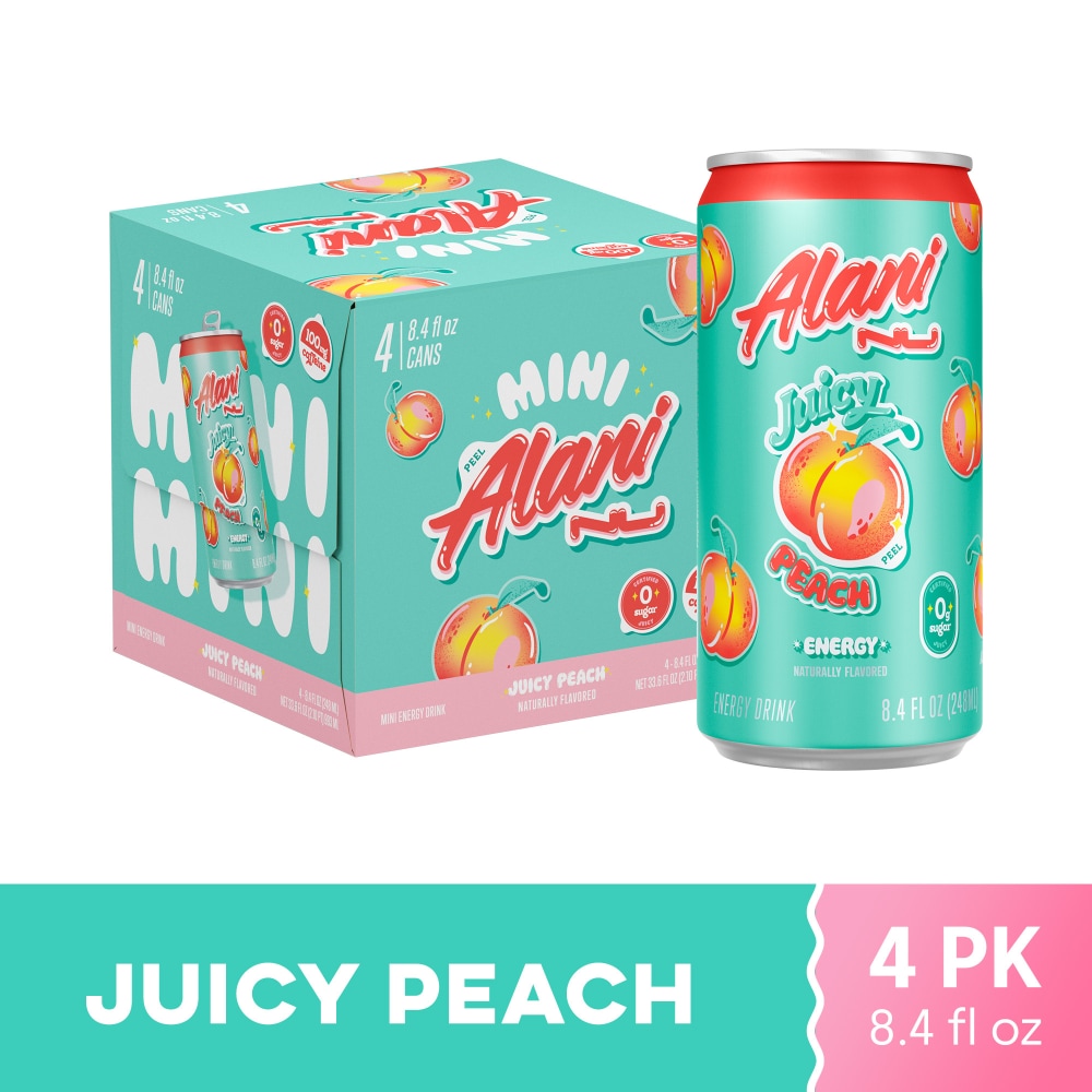 Alani Nu Mini Juicy Peach Sugar Free Energy Drink 8.4 Fl Oz (Pack of 4)