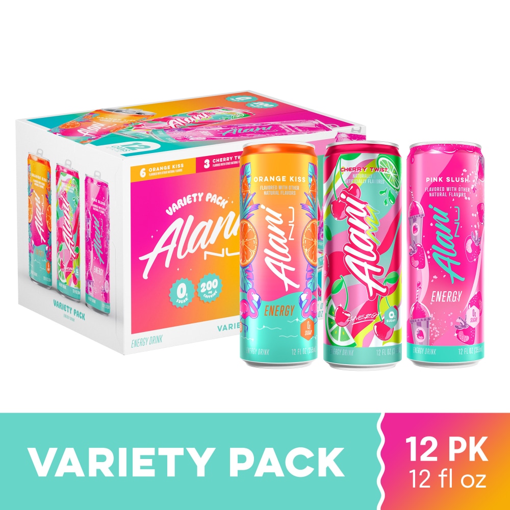 Alani Energy Drink Variety Pack, Orange Kiss, Cherry Twist, Pink Slush 12 fl oz (Pack of 12)