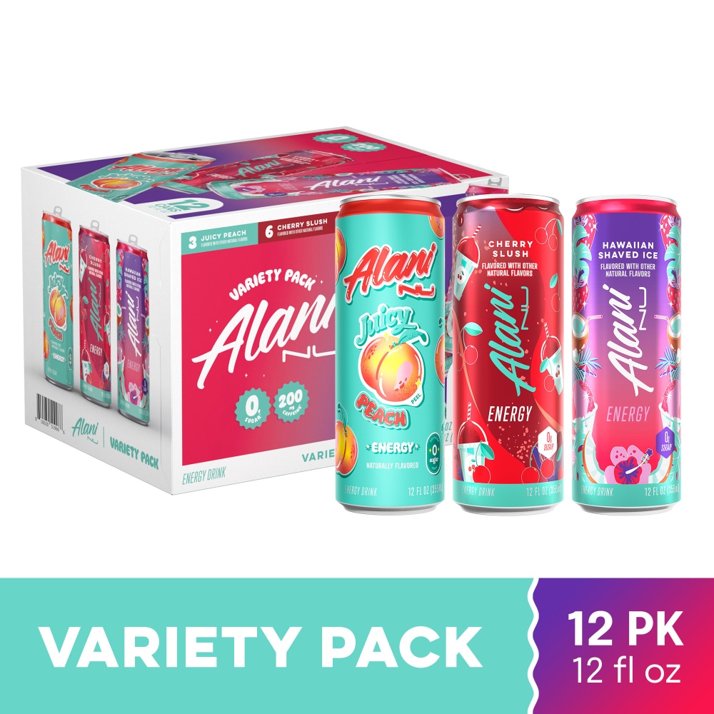 Alani Energy Drink Variety Pack, Cherry Slush, Juicy Peach, Hawaiian Shaved Ice (Pack of 12)