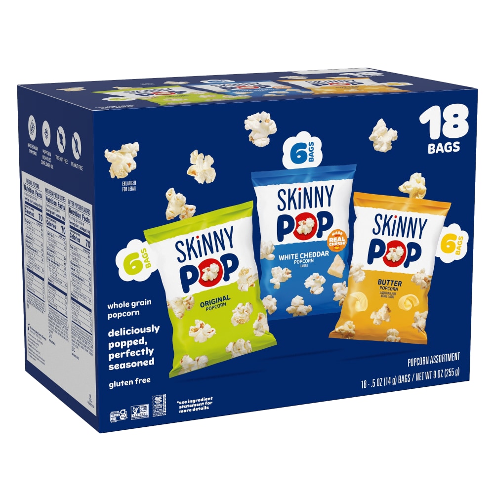 SkinnyPop Original, White Cheddar, and Butter Popcorn Individual Snack Bag Variety Pack