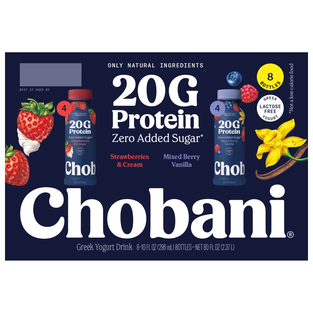 Chobani® 20g Protein Lowfat Greek Yogurt Drink FamPk Strawberries & Cream/ Mixed Berry 10 fl oz 8PK